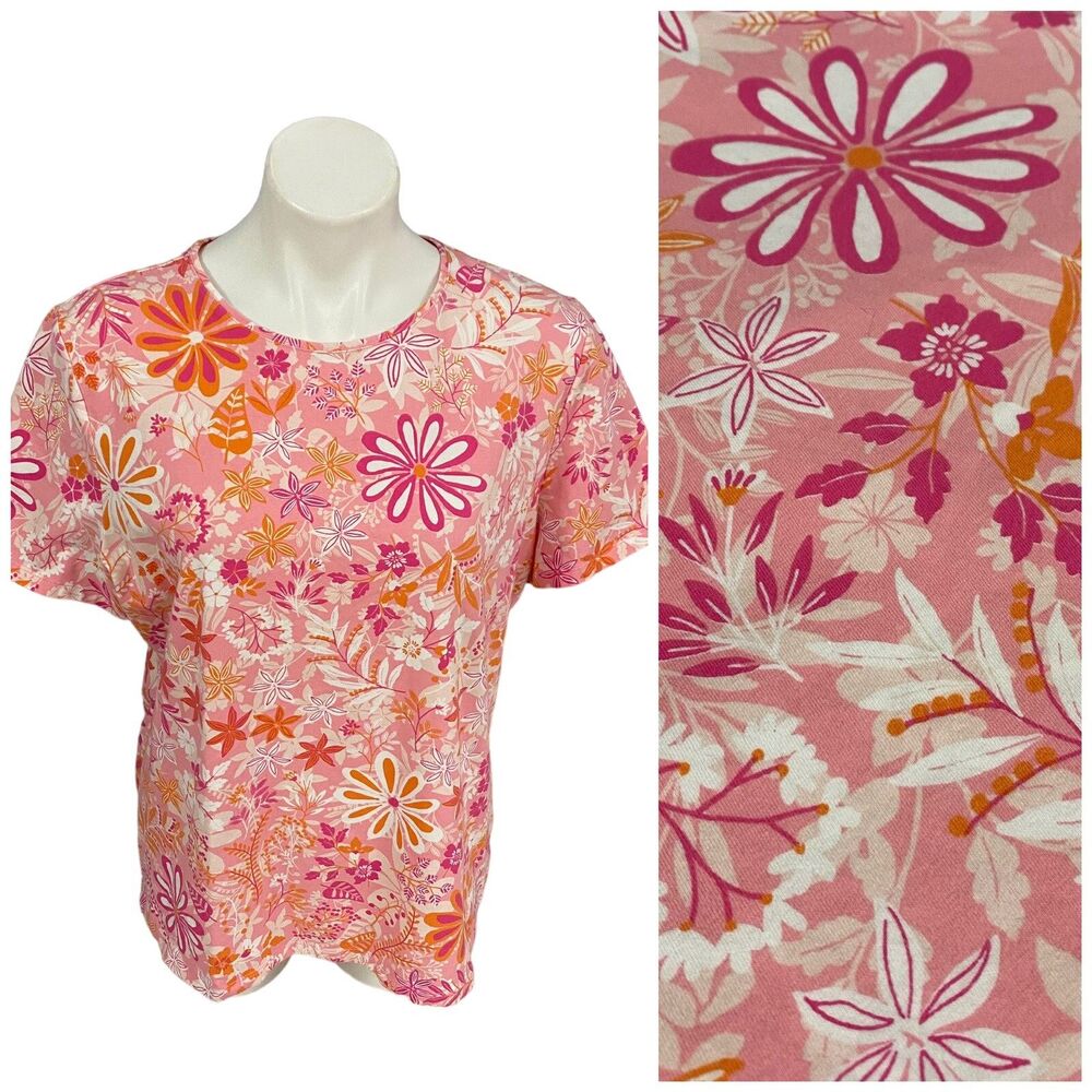 Talbots Top Womens XL Tee Floral Shirt Pink Orange Work Office Coastal Cottage - Picture 2 of 12